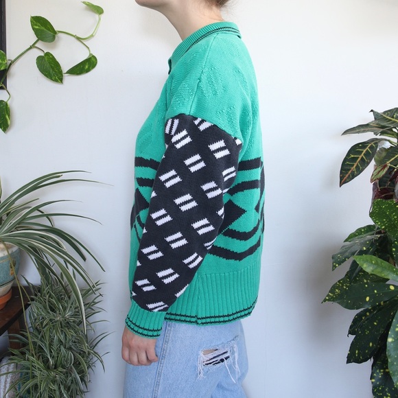 Teal and Black Patterned Collared Sweater - Picture 3 of 9